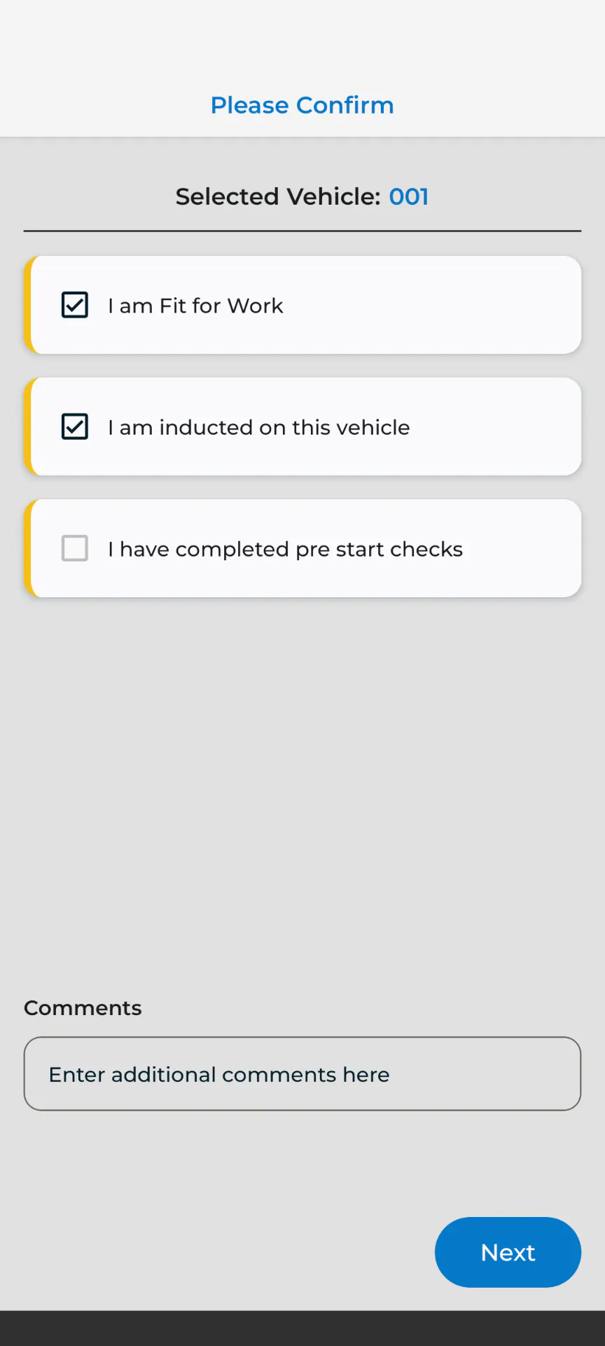 TRIFECTA driver app — pre-start compliance check