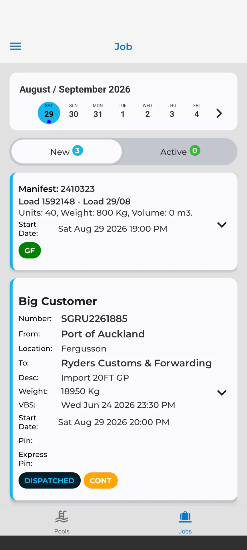 TRIFECTA driver app — stop-by-stop job list