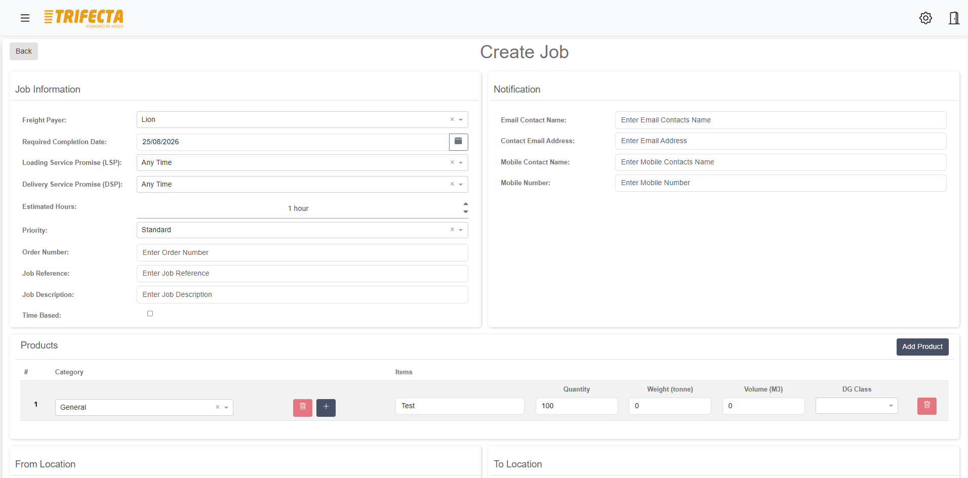 TRIFECTA customer portal — creating a specialised freight job