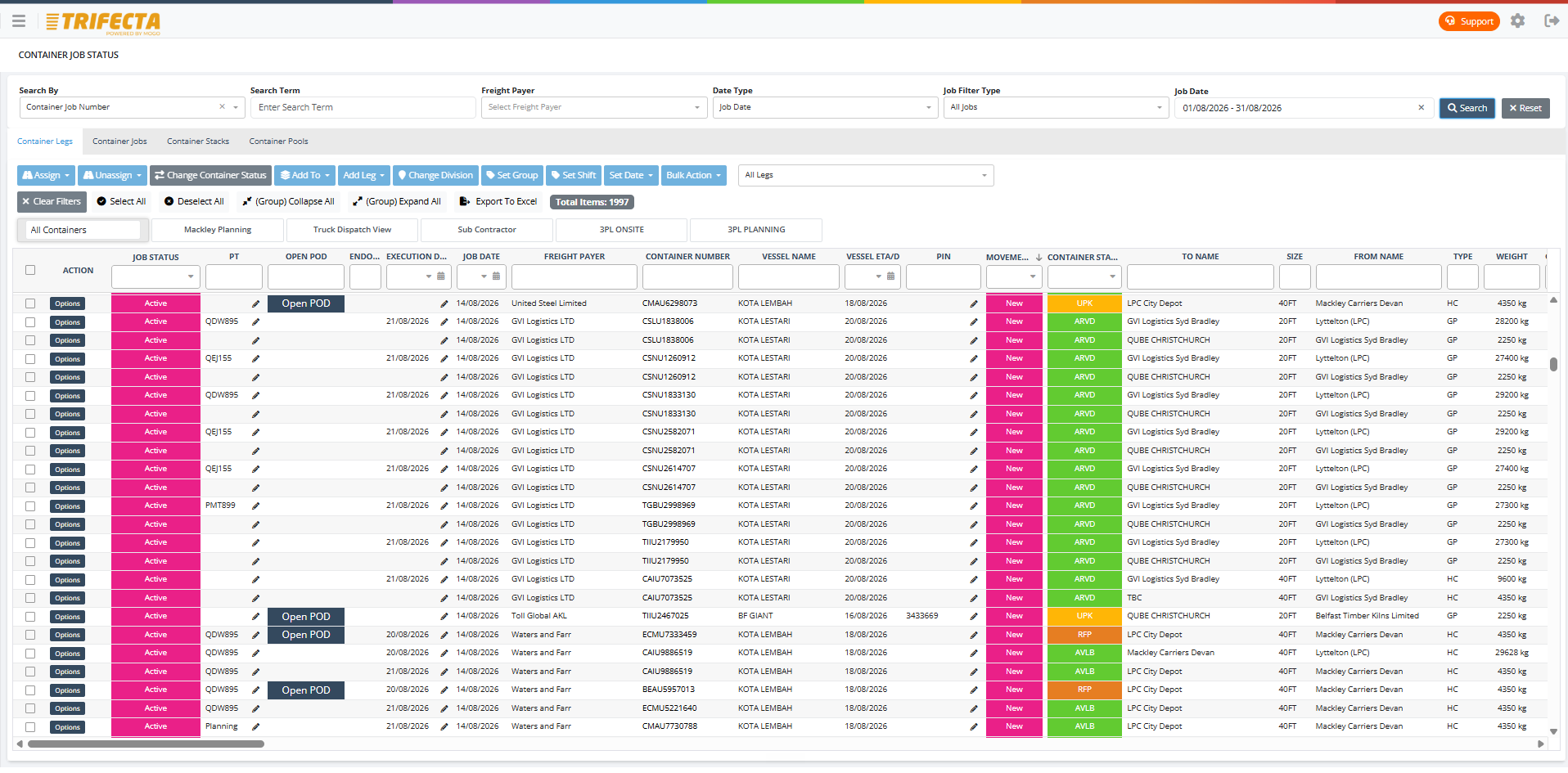 Container management screen — bulk entry and milestone tracking