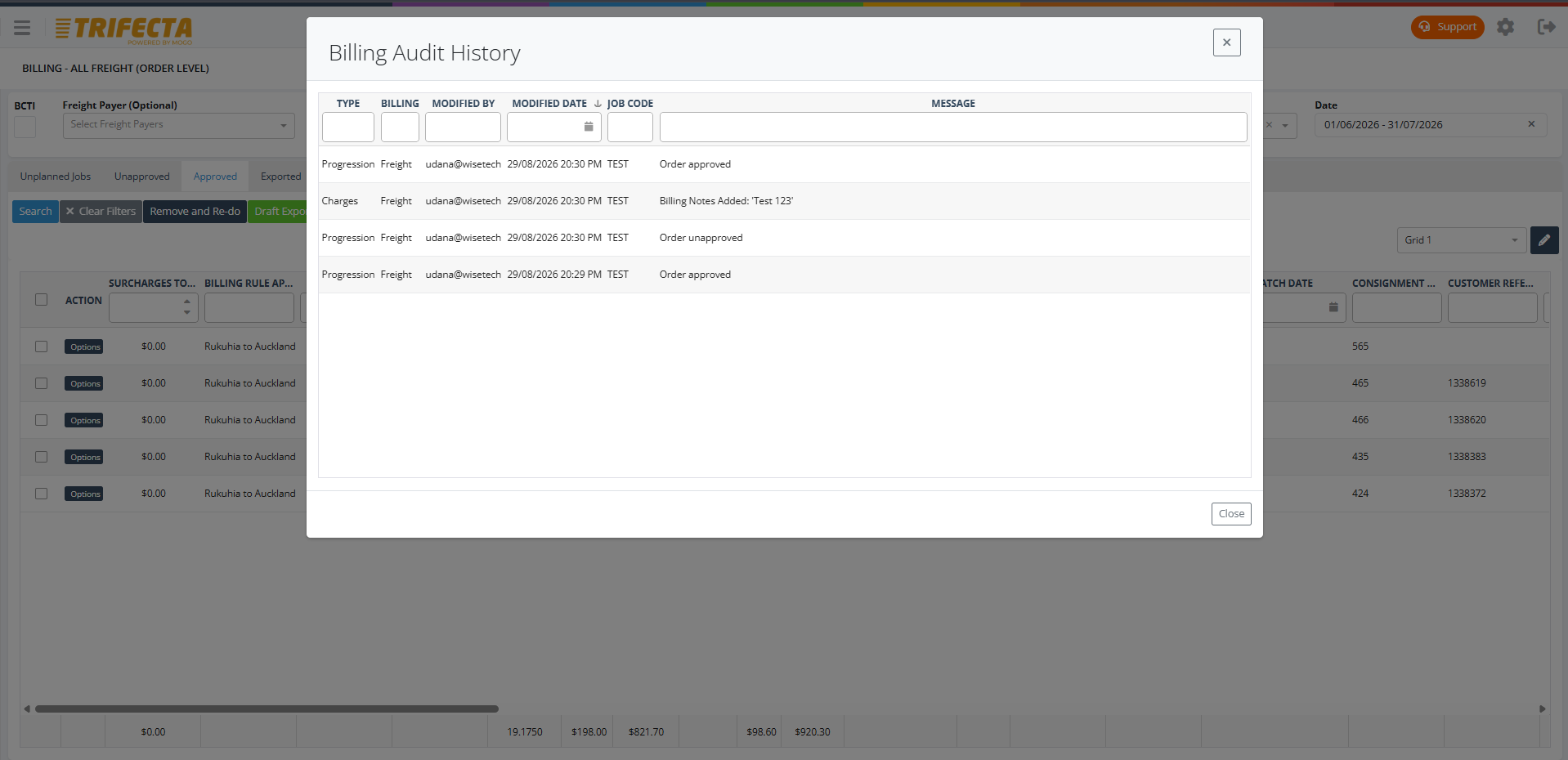 TRIFECTA billing audit history view