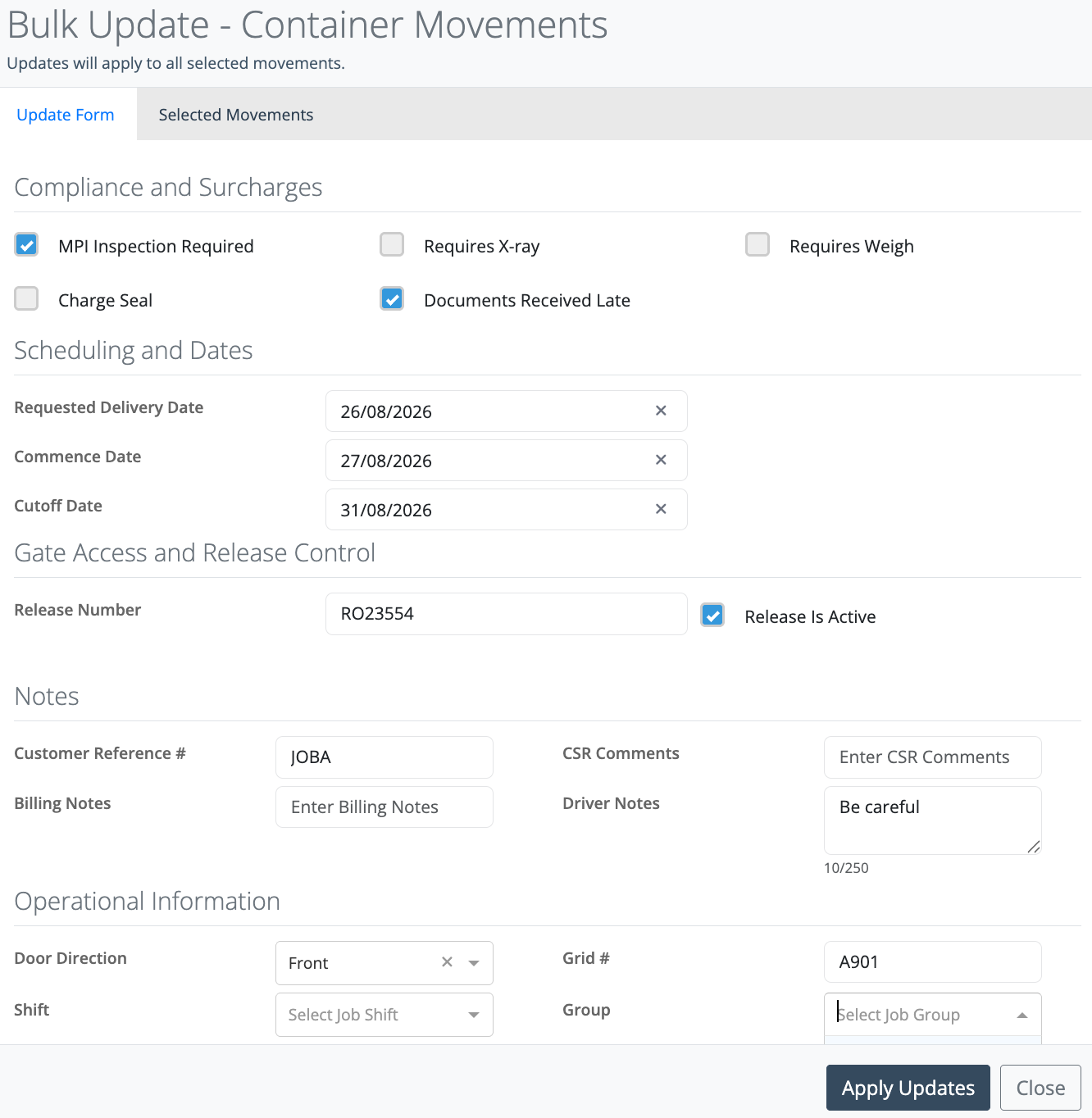 TRIFECTA bulk update of container details across multiple jobs