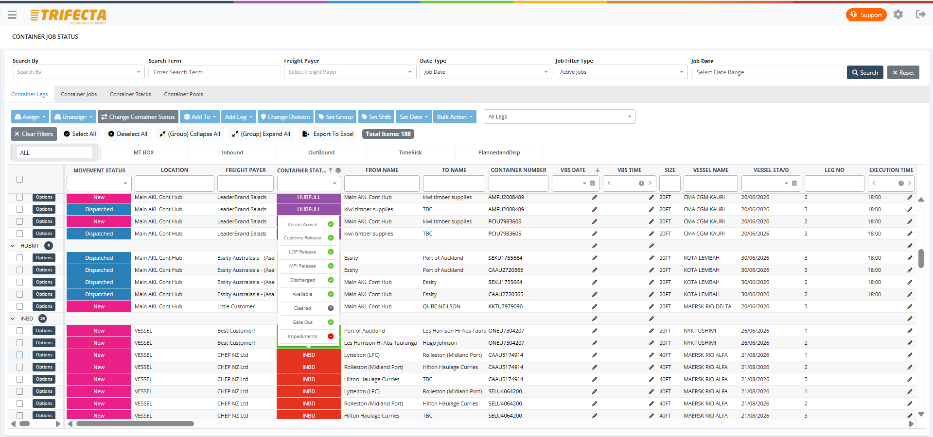 TRIFECTA container status kept current from live port integrations