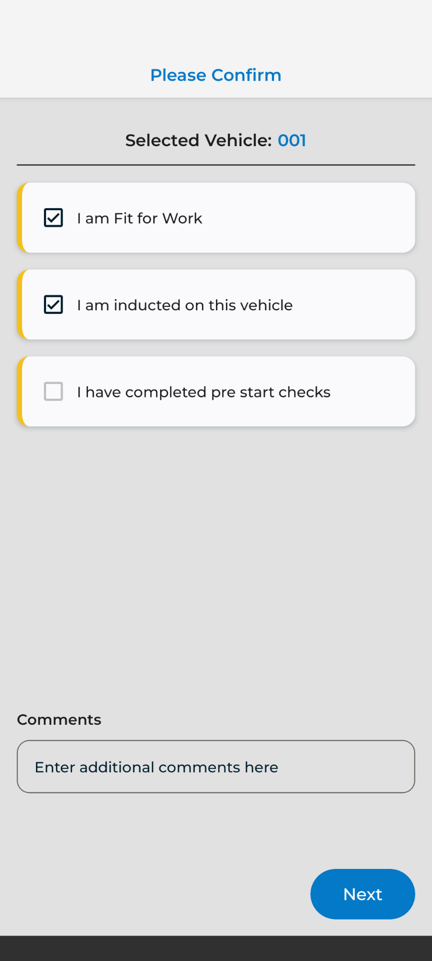 TRIFECTA driver app — pre-start compliance check
