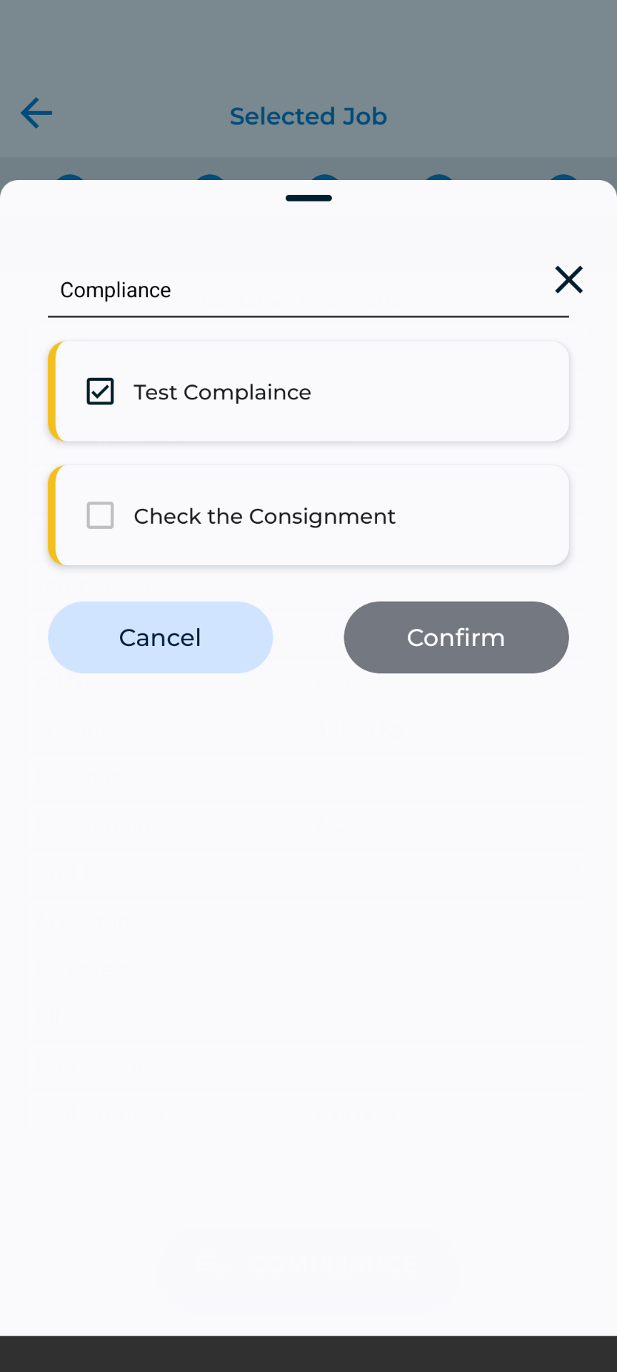 TRIFECTA driver app — compliance prompt
