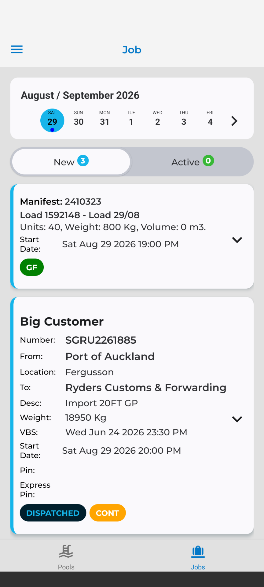 TRIFECTA driver app — stop-by-stop job list