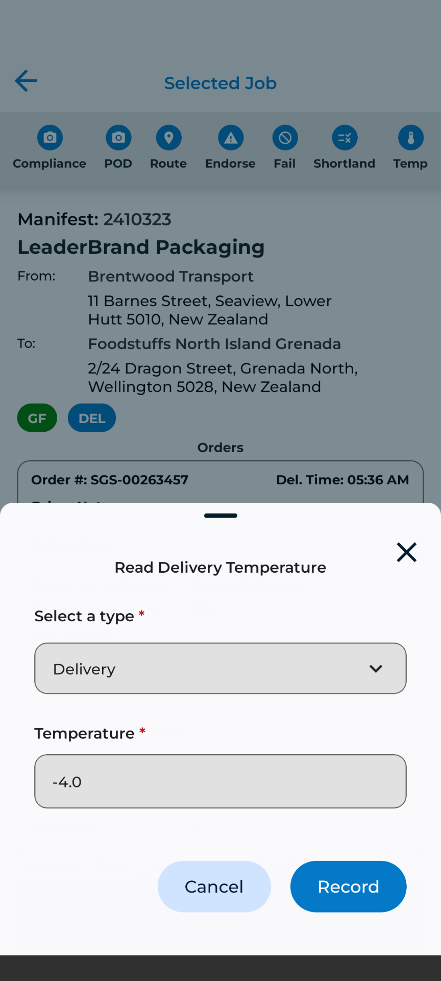 TRIFECTA driver app — temperature capture