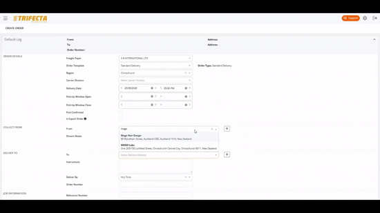 Creating a new general freight order in TRIFECTA