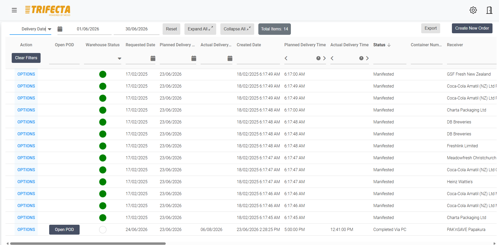 TRIFECTA customer portal showing live booking status