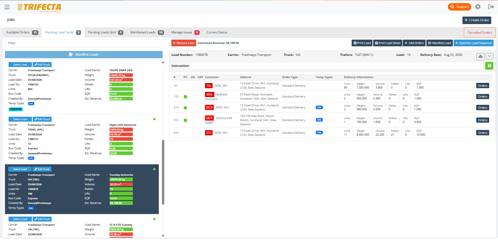 Pending load card view in the TRIFECTA planning board