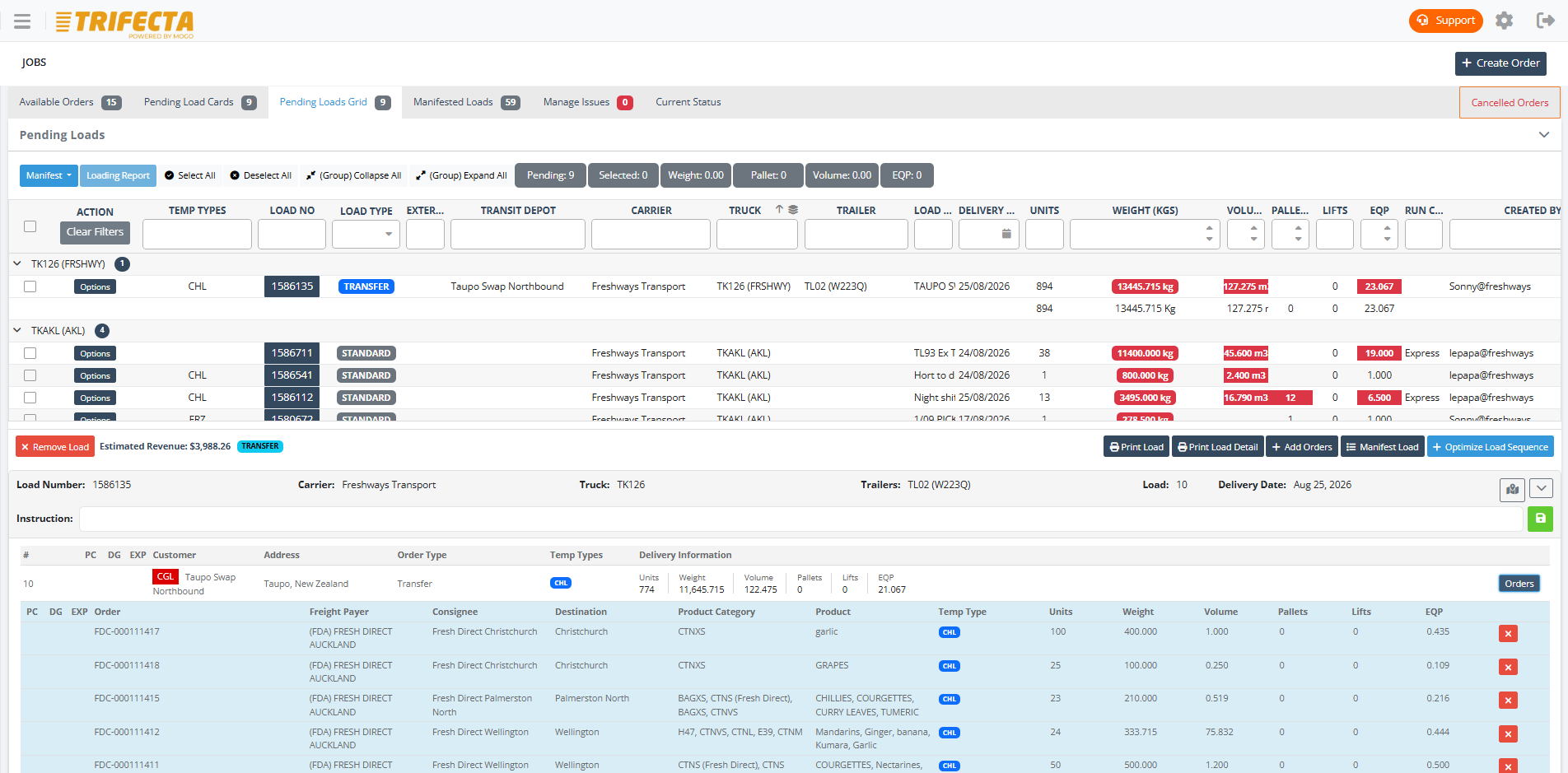 Pending load grid view in the TRIFECTA planning board