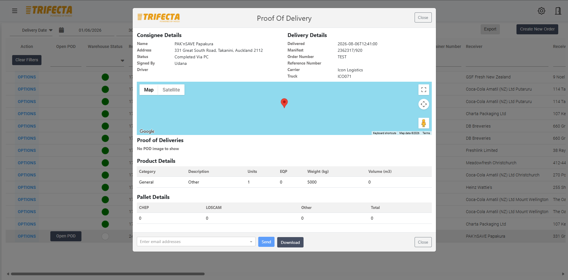 TRIFECTA customer portal — proof of delivery document