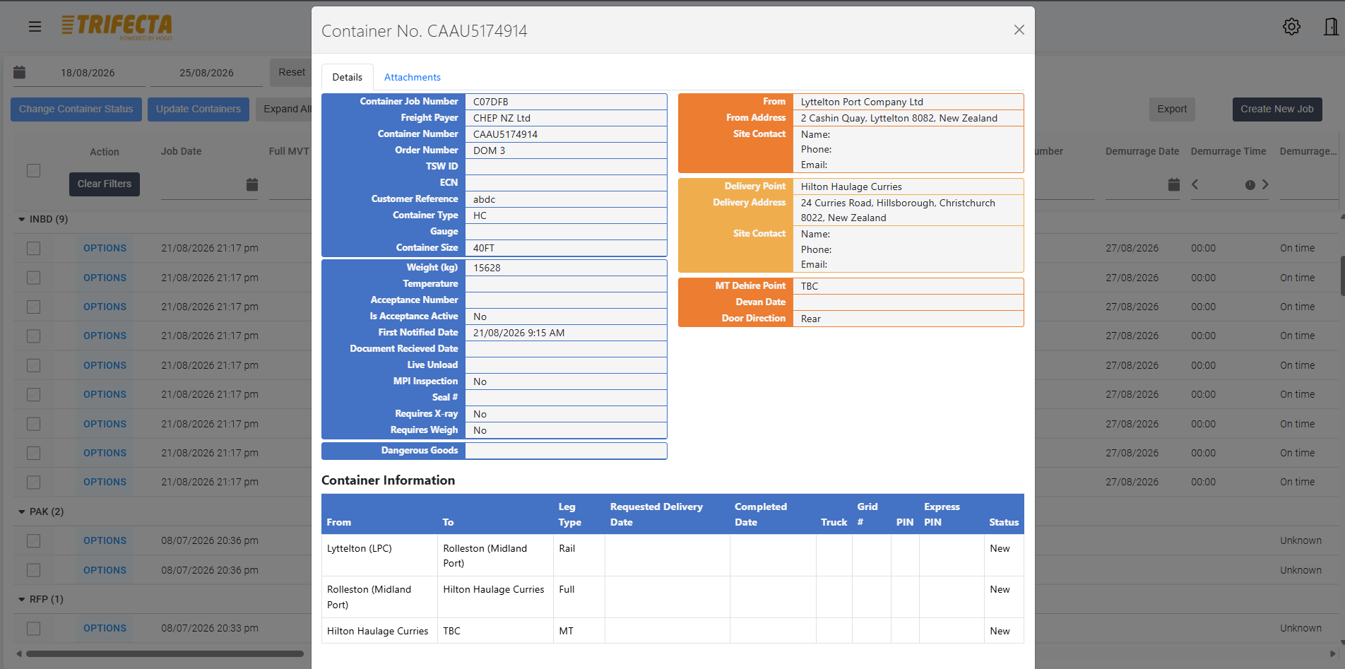 TRIFECTA customer portal — container booking history