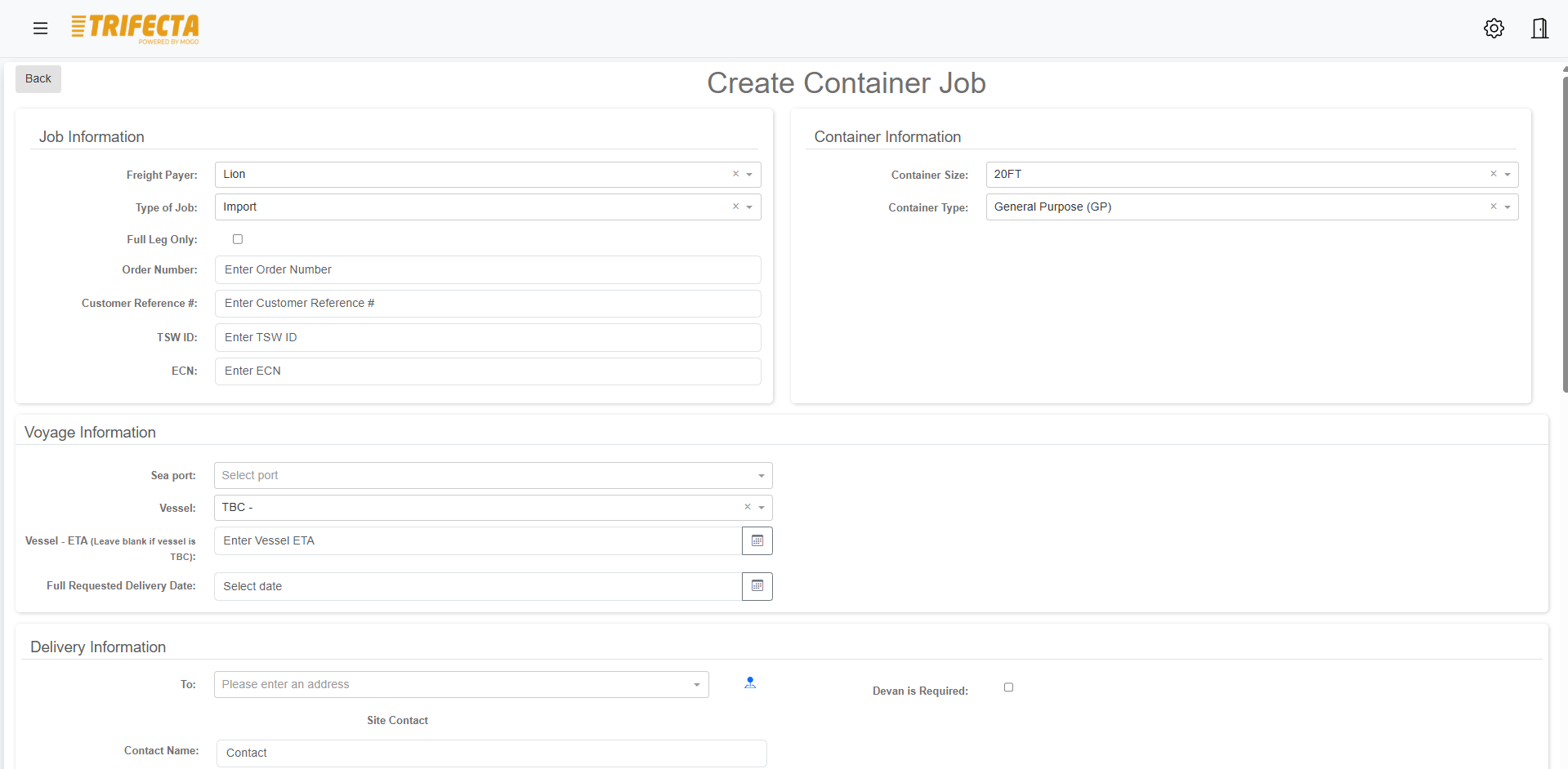 TRIFECTA customer portal — creating a container booking