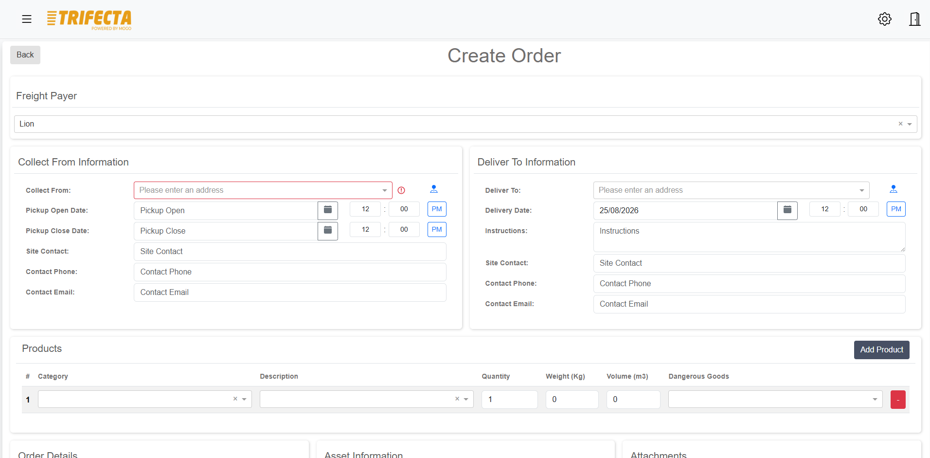TRIFECTA customer portal — creating a general freight order