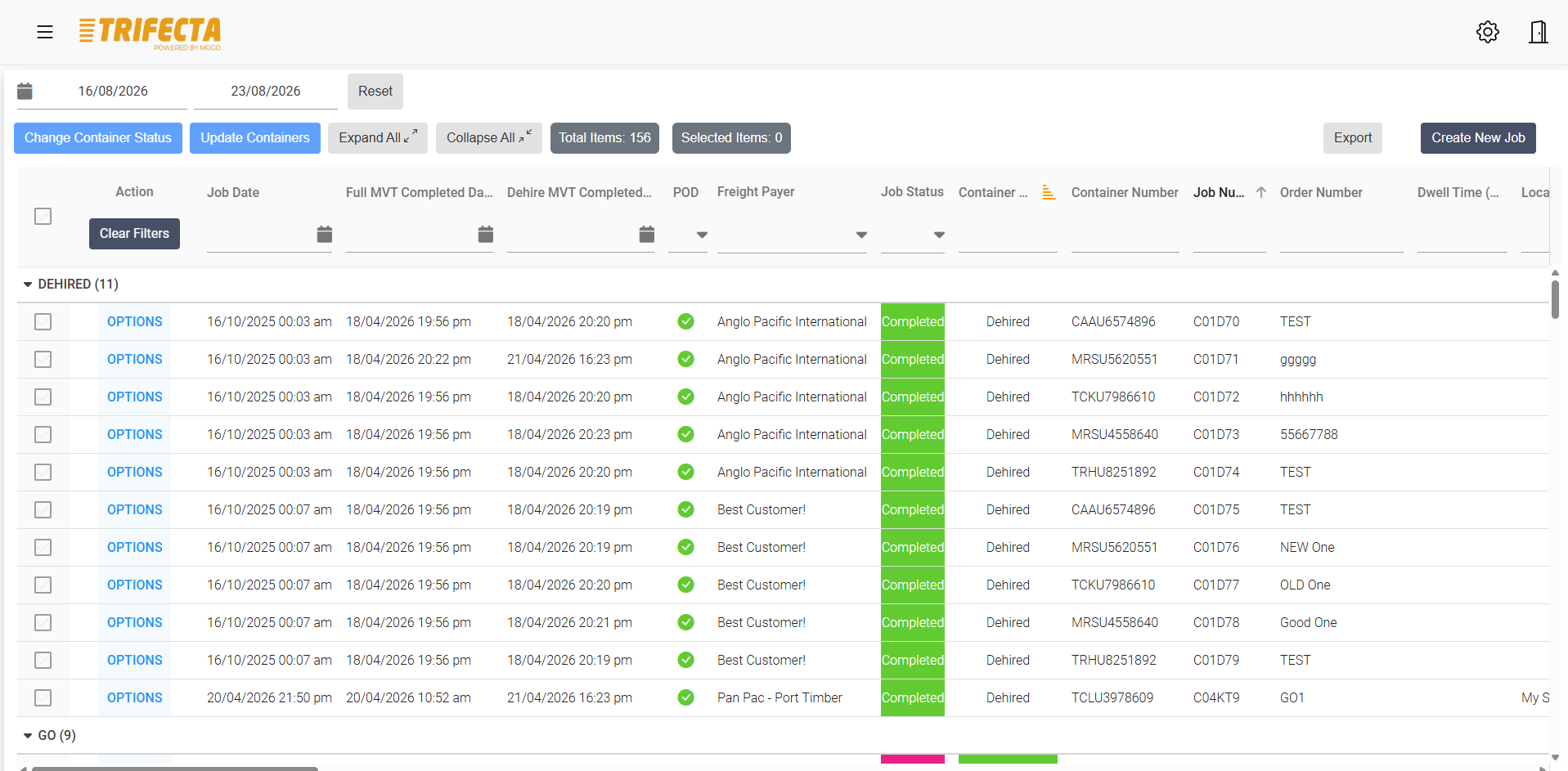 TRIFECTA customer portal showing bookings, delivery status, and proof of delivery