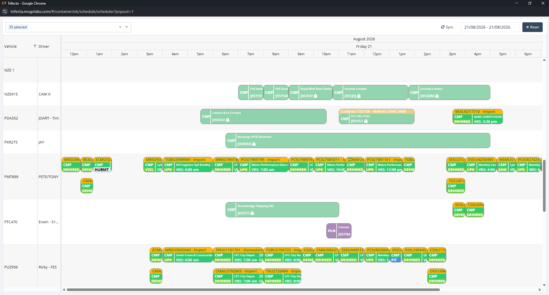 TRIFECTA schedule view showing shared fleet resource allocation